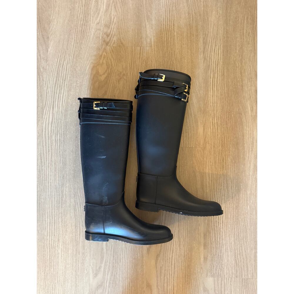 Burberry Black Rubber Equestrian Rain Boots with Gold Buckle